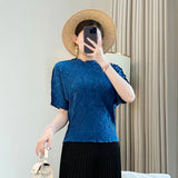 Miyake Pleated Top Women 2025 New Solid Color Embroidered Round Neck Bat Sleeve Comfortable Casual Versatile T-shirt for Women