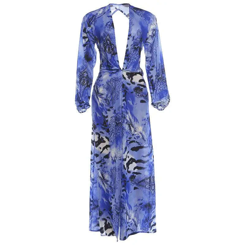 Animal Print Wrap Maxi Dress V Neck Sleeve Twist Waist High Slit Long Gowns Women's Resort Vacation Party Robes 2026 New Arrival