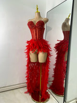 High Quality Women Sexy Straplss Crystals Diamonds Feather Luxury Party Dress Designer Mesh Transparent Performance Stage Outfit