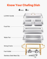 SucceBuy 8 Qt 4 Pack Chafing Dish Buffet Set Stainless Steel Chafer with 2 Full Size and 4 Half Size Pans Catering Warmer Server