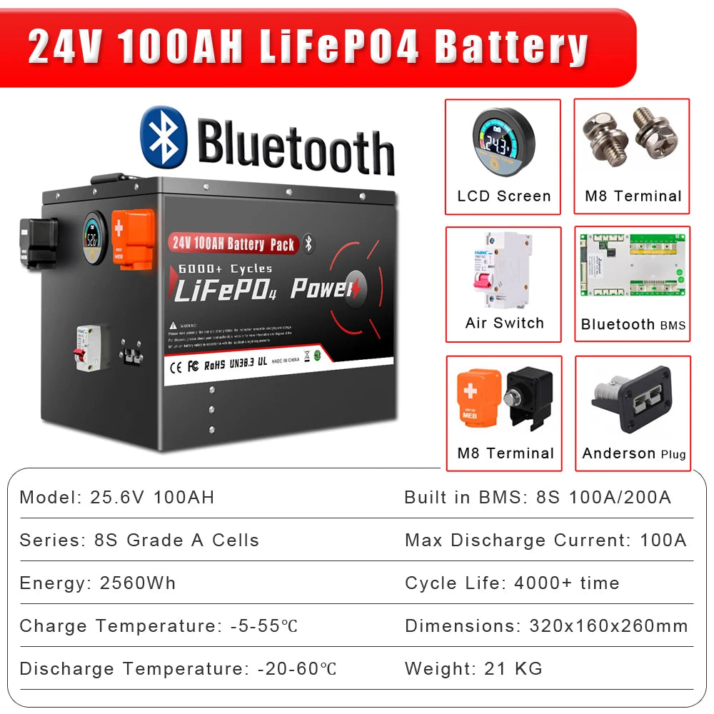 24V 48V 100Ah 200Ah LiFePO4 Battery Pack With Bluetooth BMS 6500+ Cycles For Home Soalr RV PV Inverters Boat Golf Cart
