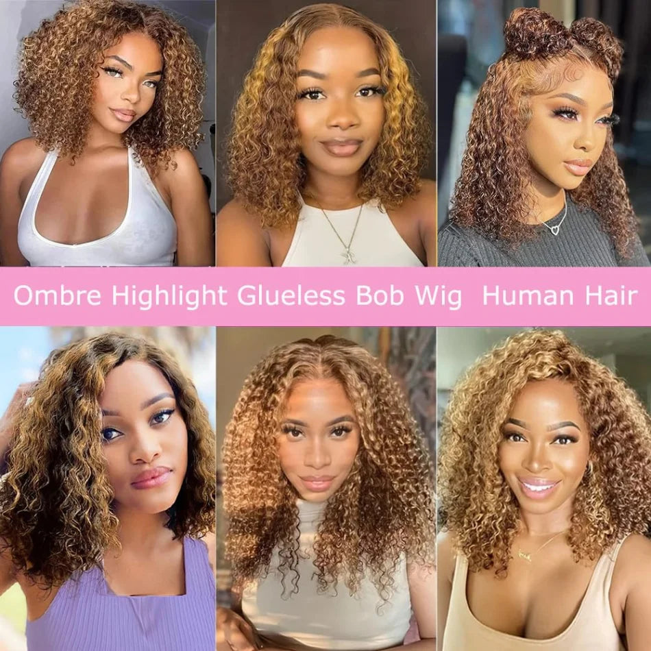 Highlight Ombre Bob Wig Human Hair Curly Short 5X5 Hd Lace Closure Wig