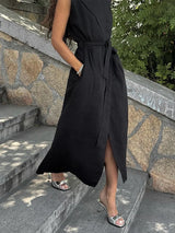 Bornladies 2026 Spring Summer New Women's Sleeveless Shirt Dress Elegant Casual Collared Tie-Waist Fitted Maxi Dress
