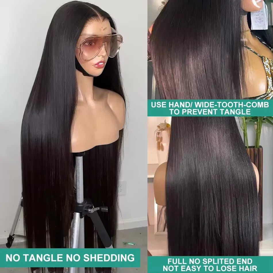 40 Inch Black Straight Human Hair Wigs 13x6 HD Lace Frontal Wig PrePlucked 250% Density 360 Lace Front Straight Human Hair Wigs