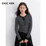 CHIC VEN Women T-Shirts New Contrast Color O Neck Slim Fit Striped Long Sleeved Knitted Tees Base Female Top Autumn Winter 2025