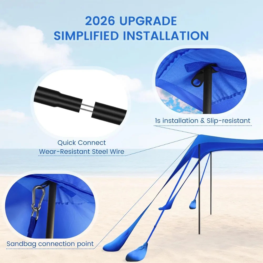 10x10FT Beach Tent Sun Shelter with UPF 50+, 8 Sandbags, Portable Canopy for Camping Fishing