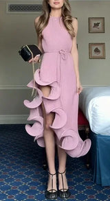 Women Romantic Yellow Halter Maxi Dress Chic Ribbed Knit Ruffled High-slit Slim-fit Vestido 2026 Spring Trendy Fashion Robes