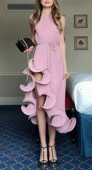 Women Romantic Yellow Halter Maxi Dress Chic Ribbed Knit Ruffled High-slit Slim-fit Vestido 2026 Spring Trendy Fashion Robes