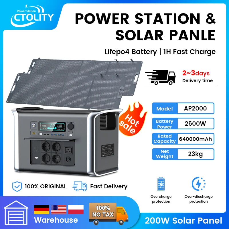 Camping Portable Power Station Solar Generator 1000W 2000W Lifepo4 Battery 220V AC Outlets Power Flexible Solar Panel Equipment