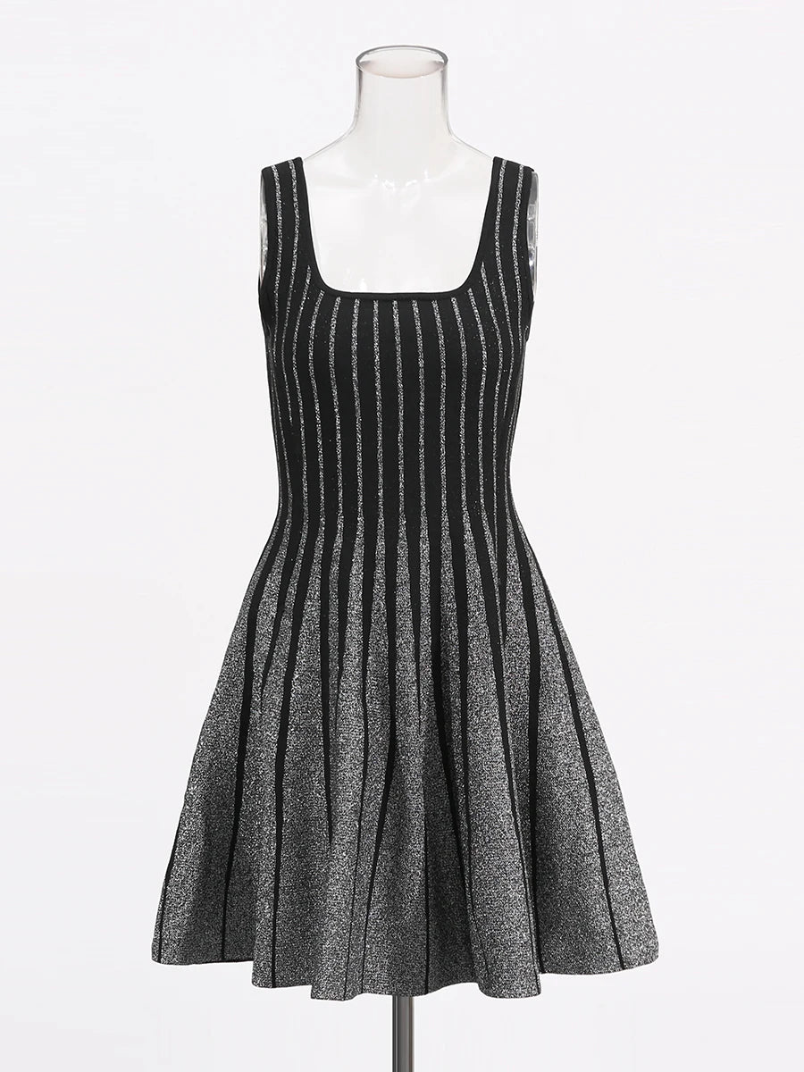 TWOTWINSTYLE Hit Color Slimming Fashion Tunic Dresses for Women Square Neck Sleeveless Patchwork Stripe Dress Female Clothing