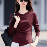 Wine Red Long Sleeved T-Shirt for Women's Autumn New High-End Fashion Cotton Plus Size Asymmetrical Splicing Casual Top