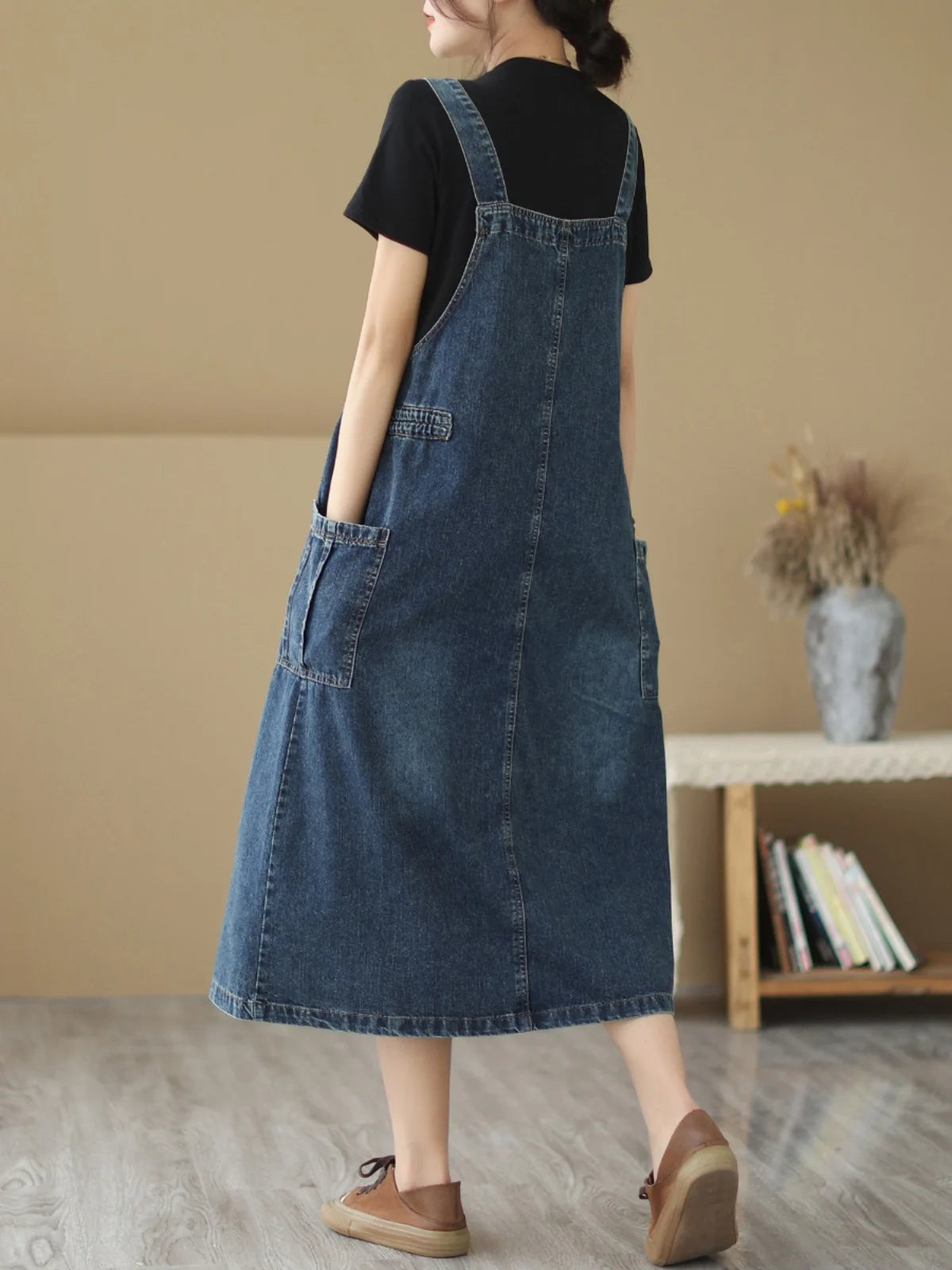 Retro Blue Denim ter Dr Women's Summer Dstring Waist Cinching Slimming Strap Dr Ele Lady Sle A-Line Midi Dr