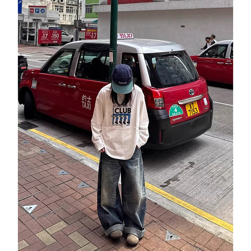 Women's Blue Y2k Oversize Jeans Harajuku Vintage Wide Leg Denim Trousers American Retro 2000s Style Boyfriend Jeans Pants Autumn