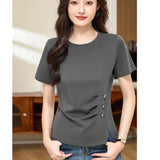 Grey pure cotton short sleeved T-shirt women's summer new high-end fashion plus size waist cinched hem slit pleated casual top