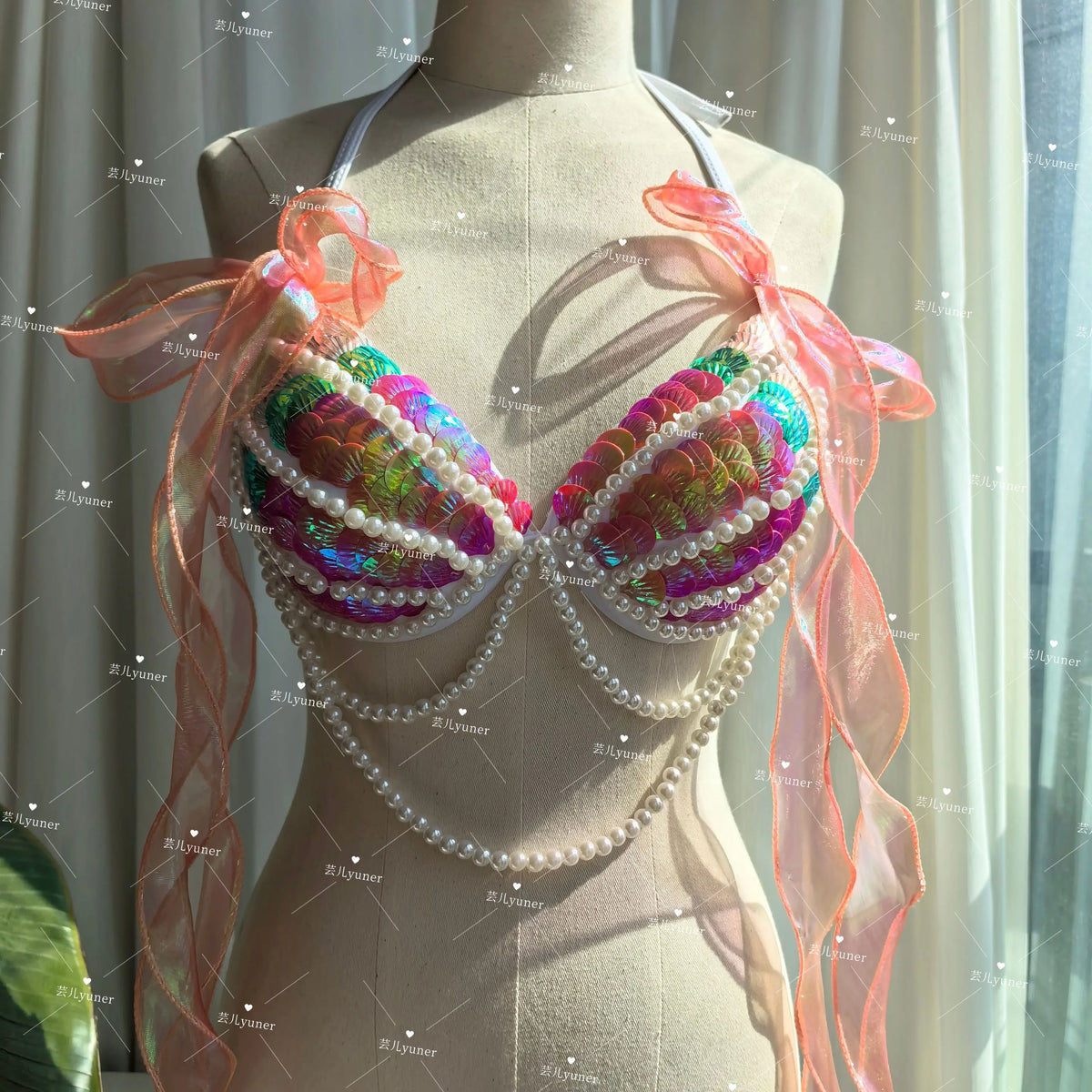 Bikini Mermaid Role Play Bra Aquarium Beach Corset Sequin Triangle Lace Up Bra Mermaid Performance Bra