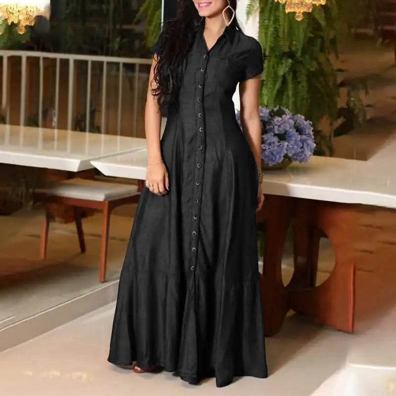 2023 Fashion New Long Dress Shirt Neck Pocket Large Swing Dress Casual Elegant Temperament Single Breasted Denim Dress