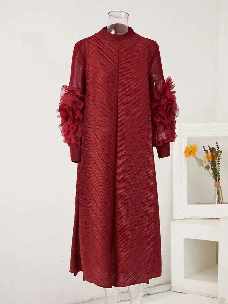 LANMREM Maxi Pleated Dress Round Neck Spliced Fungus Full Sleeve Dresses For Women 2025 New Spring Clothing 2Qa1331