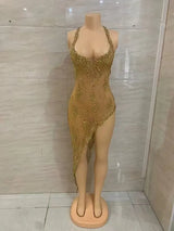 Personality Celebrity Evening Show Wear Party Gowns Sparkly Diamonds See Through Mesh Stretch Asymmetrical Dress
