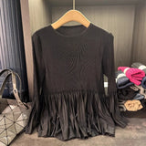 Pleated Long Sleeve T-Shirt Simple Casual Solid Color Versatile Patchwork Stretch Top Women Lightweight Stretch Clothing