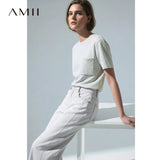 Amii Women's T-Shirt 2026 Summer New O-Neck Cotton Short Sleeve Rhinestone Studded Pocket Tee Loose Simple Casual Top 12612039