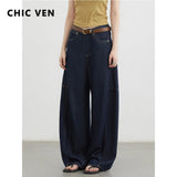 CHIC VEN Women's Jeans Loose Casual New High Waist Split Female Wide Leg Denim Pants Spring Autumn 2025