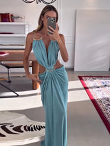 Sexy Women Dress Hollow Sleeveless Deep V Neck Big Backless Hip Package Long Dresses Elegant Summer New Beach Holiday Robes Lady