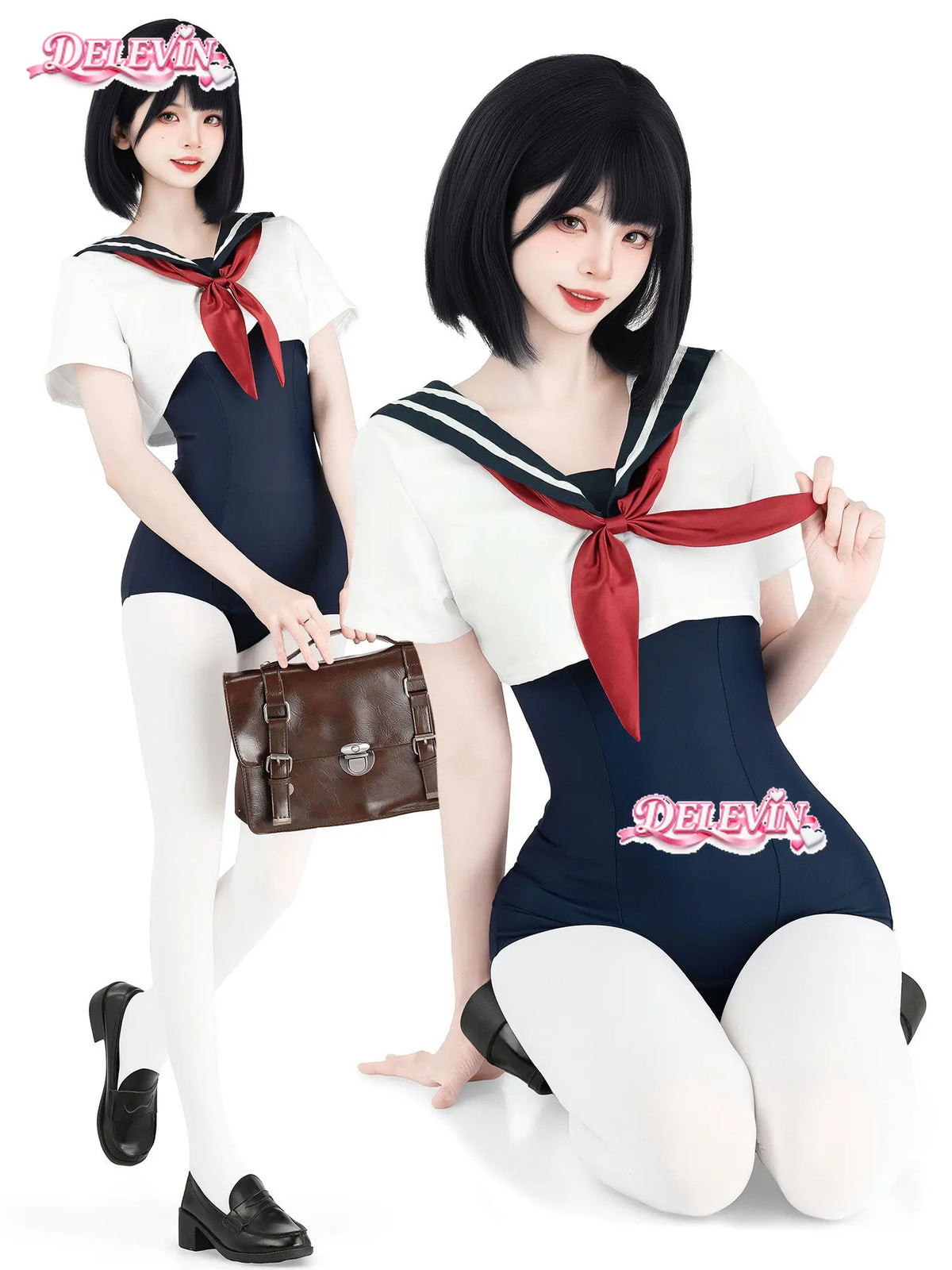 Summer Vacation Beach Swimming Outfit Cute Sweet Sailor Collar Short Sleeve Crop Top Bow Tie One-piece Bikini Swimsuit Set Women