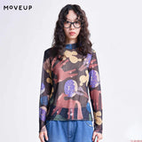 MOVEUP Long-Sleeve T-Shirt 2026 Spring New Stand Collar Printed Lightweight Mesh Base Slim Fit Short Women's Top 3ELC10553