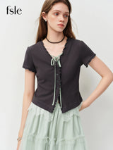 FSLE Stylish Tie-Front Lace Applique Mock Two-Piece T-Shirt for Women 2026 Summer New Arrival Sleeveless Knitted Sweet Grey Top