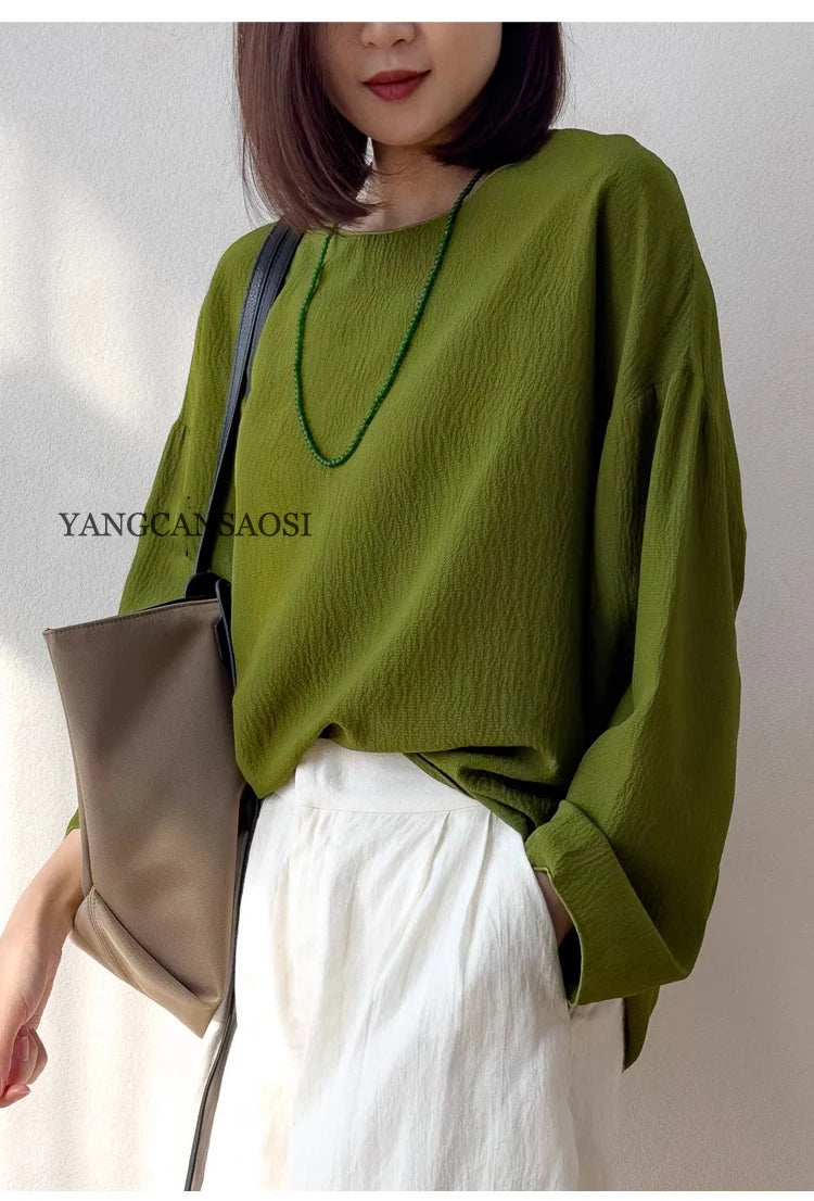 2025 Women's Leisure Summer New 100% Natural Mulberry Silk Bubble Crepe Long Sleeve Air Feel Loose Round Neck Solid T-shirt