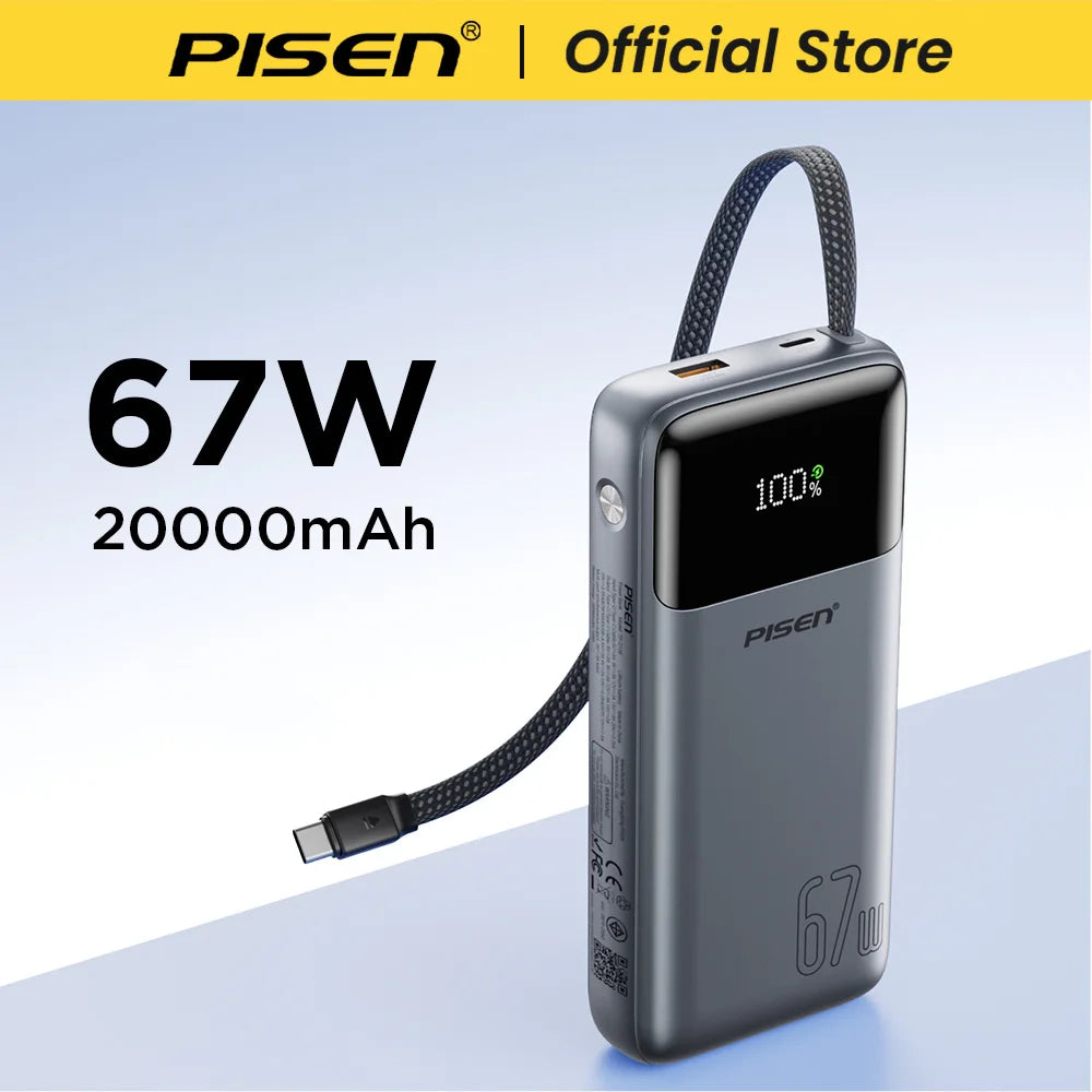PISEN 20000mAh 67W Power Bank With Fast Charging Cable External Battery For 65W Laptops/ 45W Samsung Phones/ iPhone & iPad