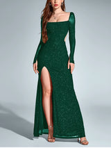 NewAsia Women's Long Sleeve Cut Out Sequin Long Dress Side Slit Backless Bodycon Fashion Club Party Maxi Dresses Wine