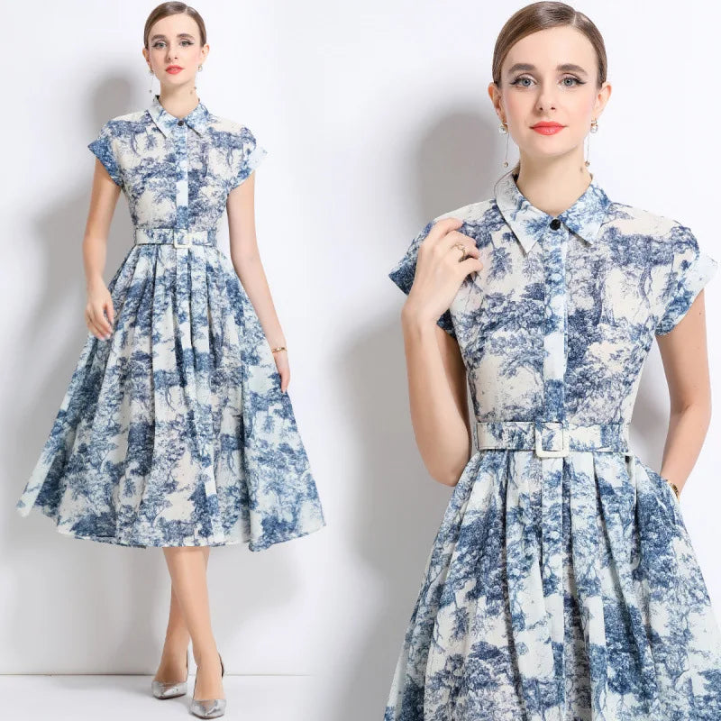 Summer 2025 New Collar Printed Short Sleeve Dress with Belt High Waist Fairy Skirt Style Cleanfit Neutral Citywalk Dress