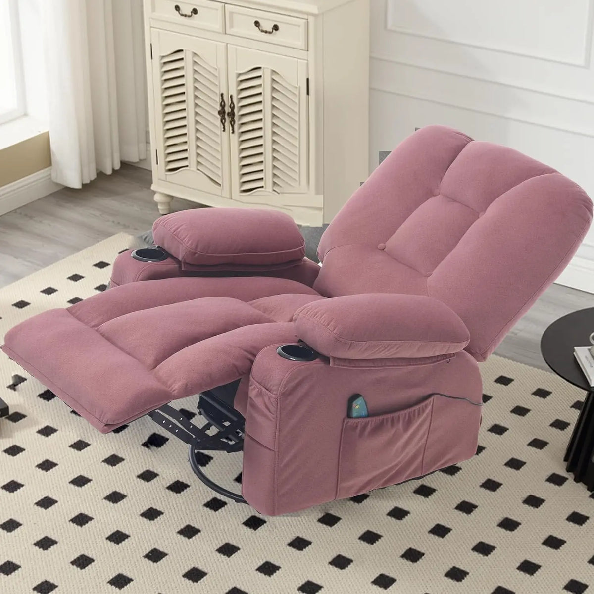 Rocker Recliner Chairs for Adults, Swivel Recliners with Massage and Heat, Fabric Overstuffed Glider with Cup, Customized