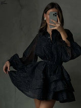 Oymimi Fashion Black Rhinestone Women's Dress Casual Lapel Long Sleeve Button Dresses Elegant New Lace-Up Pleated Mini Dresses