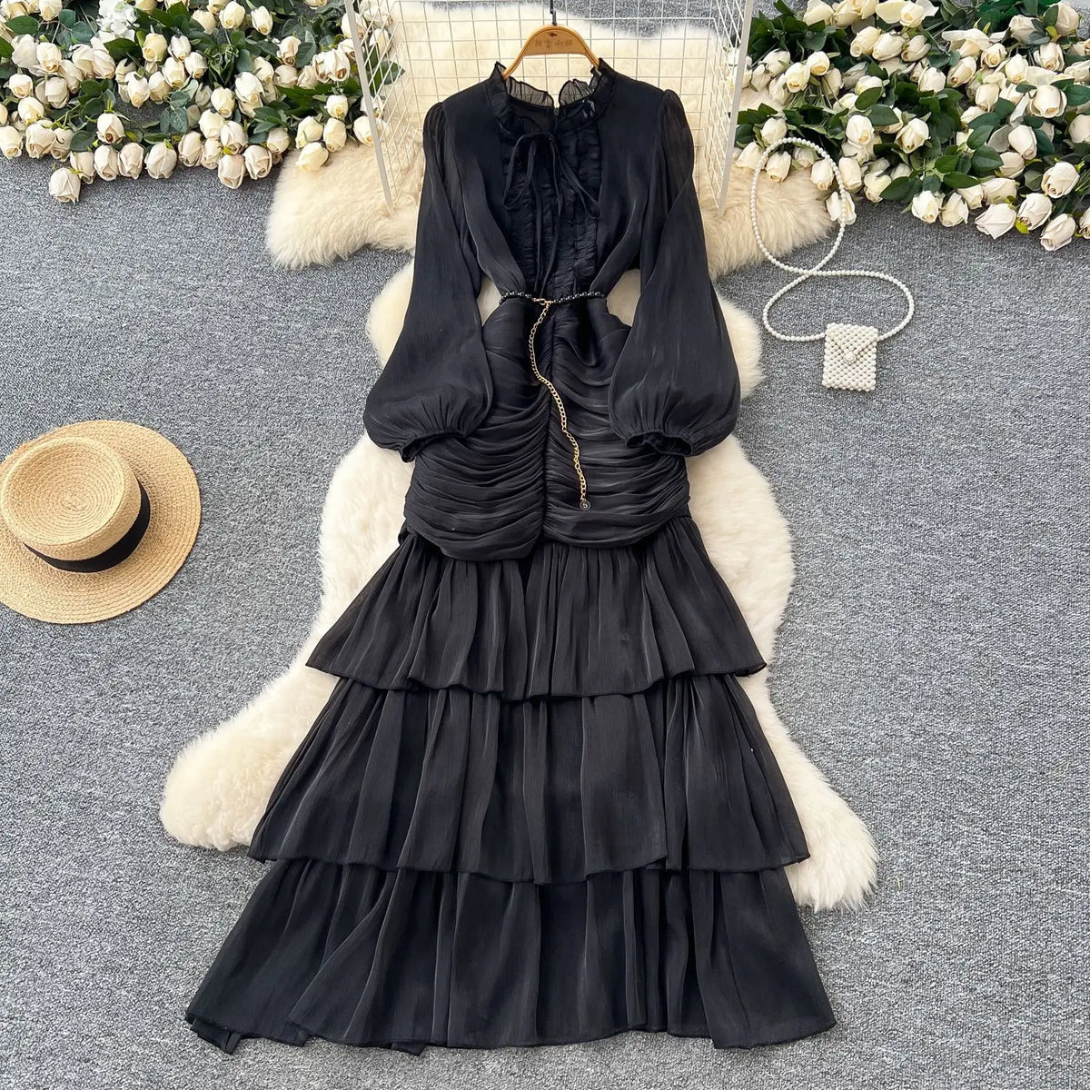 Spliced Lace Dresses Lantern Sleeve Ankle Length Dress Women Solid Party Dress Sexy Wrap Buttocks 2025 Autumn High Waist