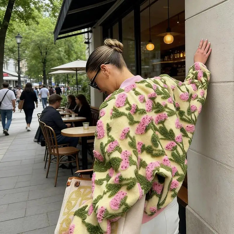 Dreamy Floral Plush Bomber Jacket Women, Oversized Zip Up Long Sleeve Fleece High Street Casual Coat