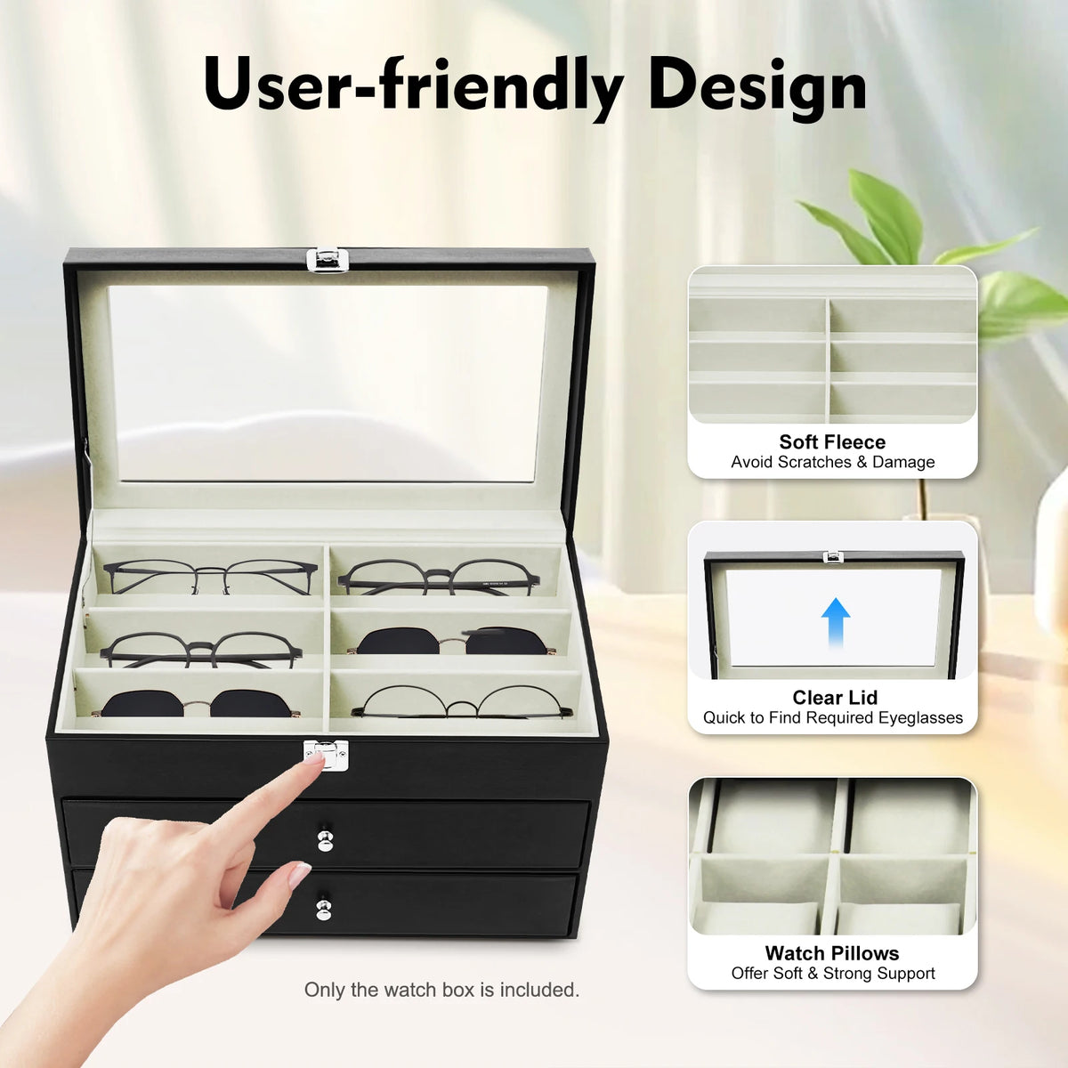 12 Compartment Watches & Glasses Display Box, Watch Box Organizer Storage Case with Large Glass Lid