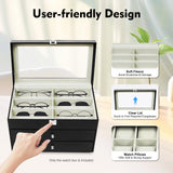 12 Compartment Watches & Glasses Display Box, Watch Box Organizer Storage Case with Large Glass Lid