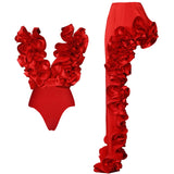 MUOLUX 2024 Sexy Red One Piece Shoulder Swimsuit 3D Flower Print Vintage Monokini Bodysuit Women's Beach Bathing Suit with Skirt