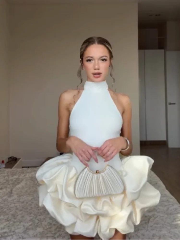 Elegant White 3d Ruffles Mini Dress Women Chic Sleeveless Slim Fit Puff Hem O-neck Vestido Summer Lady Dinner Party Club Outfits