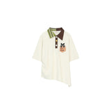 ELFSACK Cat Pocket Polo T-Shirt, Color Block Collar Oversized Tee with Cute Embroidery