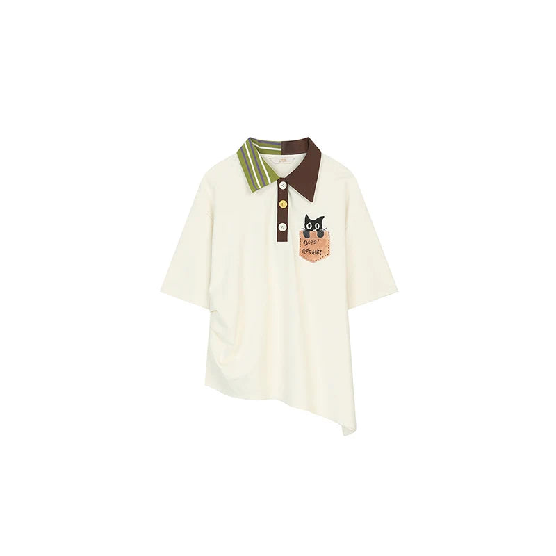 ELFSACK Cat Pocket Polo T-Shirt, Color Block Collar Oversized Tee with Cute Embroidery