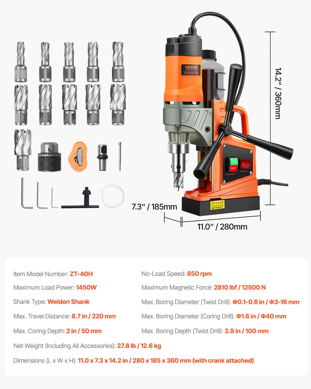 SucceBuy1450W Magnetic Drill 2" Boring Diameter 12500/12800N Portable Electric Mag Drill Press 800 RPM Magnetic Drilling Machine