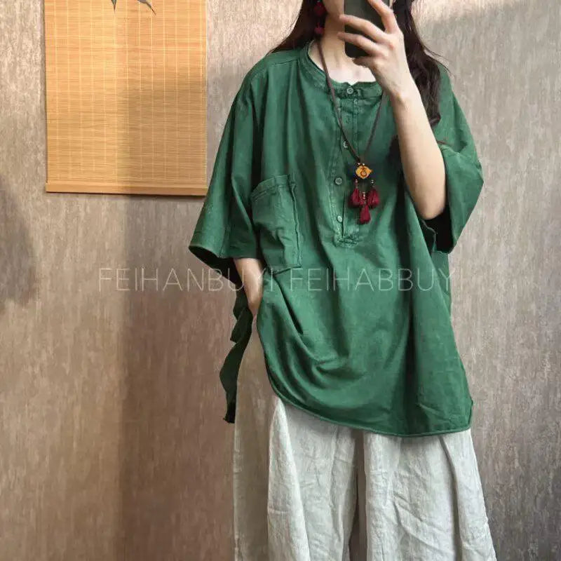 2026 Spring Summer New Arts Style Women O-neck Short Sleeve Casual Tshirt Cotton Femme Tops Vintage Loose T shirt Good Quality