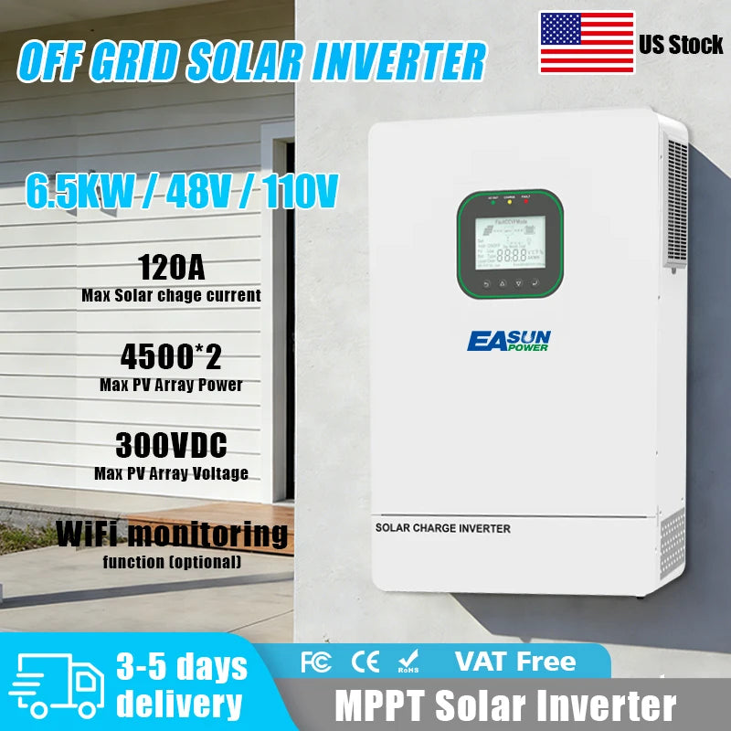 EASUN POWER 6.5KW Hybrid Inverter 48V Split Phase Inverter 110V Solar Charger Pure Sine Wave Parallel Inverter 150A MPPT Dual CT