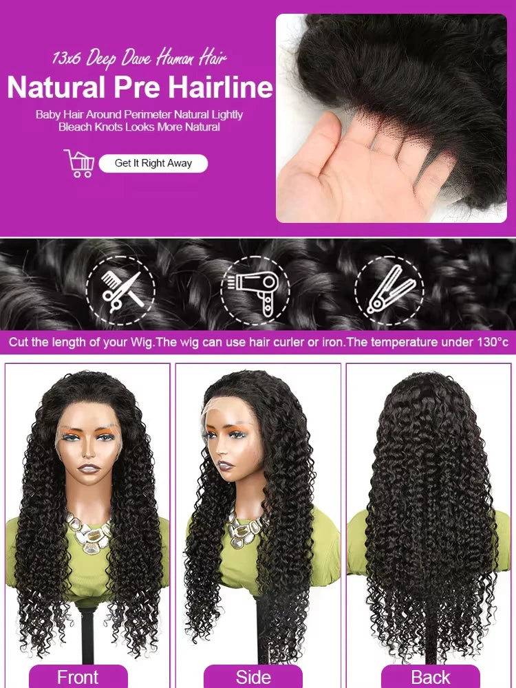34 Inch Human Hair Water Wave Wig Natural Color 13x6 Frontal Curly Lace
