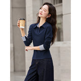 VIMLY Long Sleeve Knitted T-shirt Autumn 2026 Woman Casual New Turn-down Neck Gingham Cuff Strecth Female Tees Ladies Tops A2105