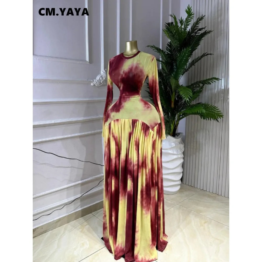 CM.YAYA Women Tie Dye Print O-neck Long Sleeve Pleated Long Dress 2026 Sexy Mesh Evening Party Birthday Vacation Dresses Vestido
