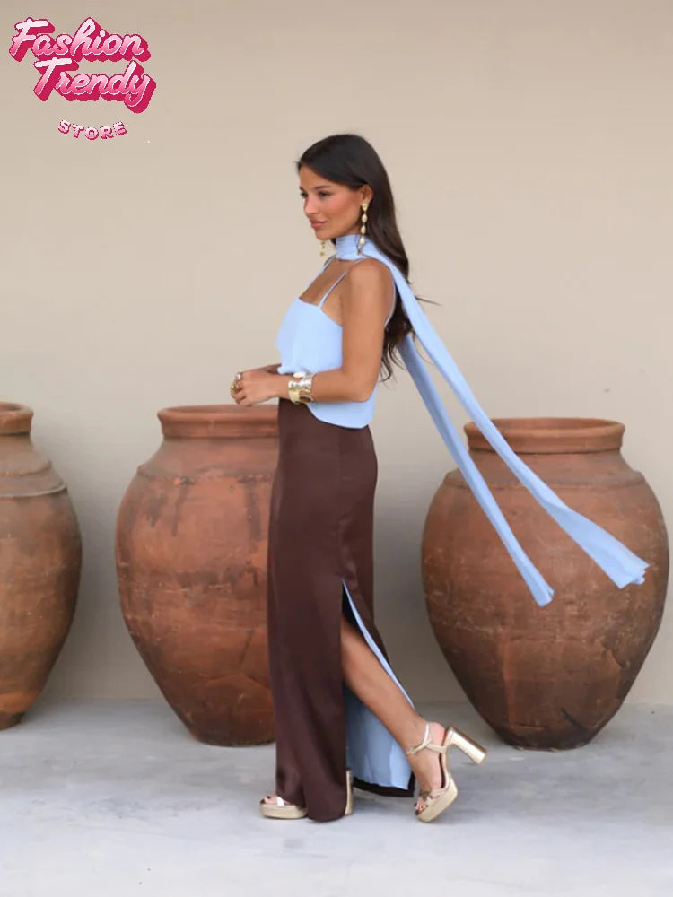Spaghetti Strap Cape Neck Two Tone Maxi Dress Spaghetti Strap Slimming Sundress 2026 Summer Holiday Chic Ladies Party Vestidos
